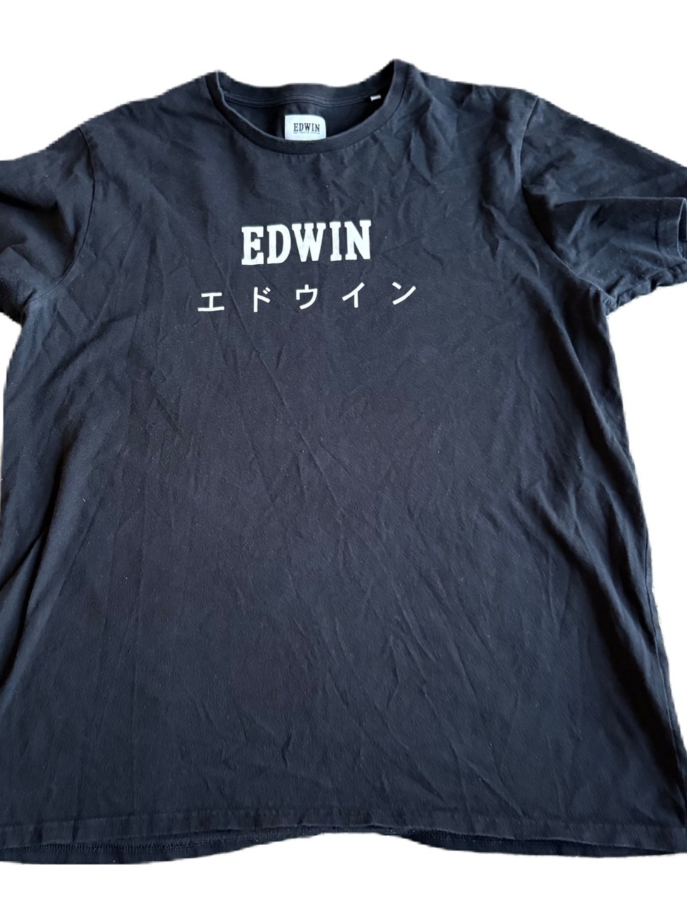 Edwin Black T-Shirt with White Logo and Japanese Text Large